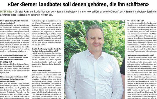 Der Verleger des BLB Christof Ramseier bittet die Leserschaft um einen Gönnerbeitrag... (Bild: Screenshot Berner Landbote)