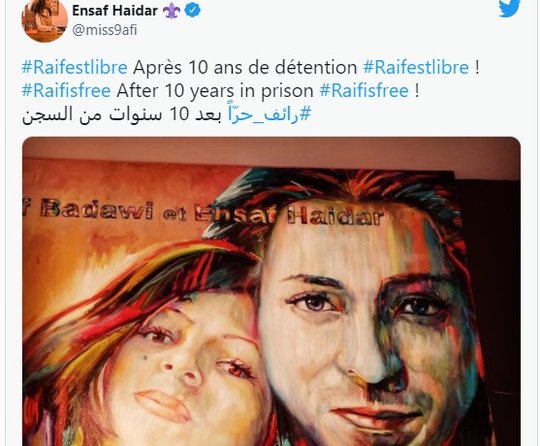 Die Twitter-Zeichnung von Ensaf Haidar ist vorderhand nur ein Wunschbild, denn ihr Mann Raif Badawi ist noch mit einem zehnjährigen Reiseverbot belegt...