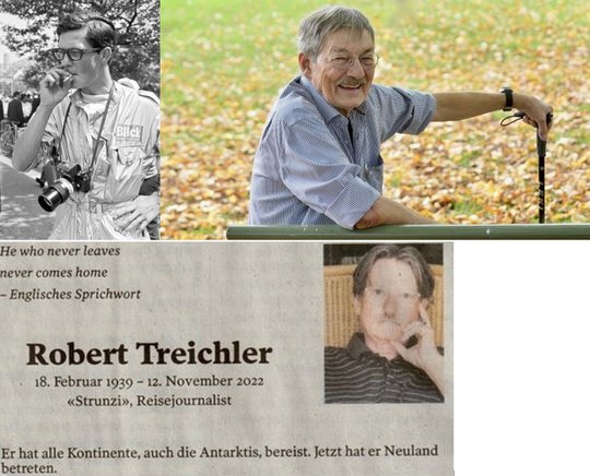 Ruedi Rohr in Aktion, in einer Aufnahme von  Gregor Fust. Später in der Altersresidenz auf einem Foto von Bruno Torricelli. Unten die Todesanzeige von Robert Treichler...