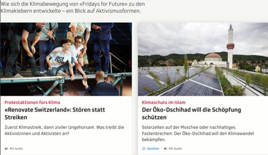 Service Public versteht sich als Aktivist*innenprogramm und auf PR für einen «Öko-Dschihad» (Bildschirmfoto KR)