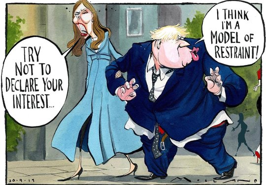 Boris Johnson musste sich wegen der Parlamentsentlassung bei der Queen entschuldigen und nun eine «Grapsch-Affäre»... Cartoon in der Londoner «Times» (© The Times).