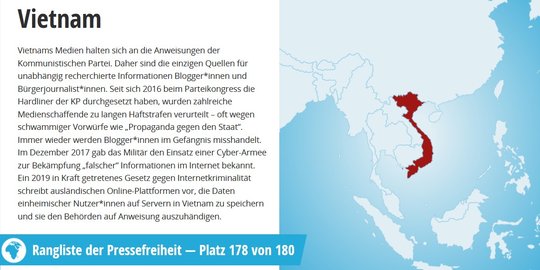 In der Rangliste der Pressefreiheit belegt Vietnam Platz 178 von 180...     (Bild: Screenshot reporter-ohne-grenzen.de)