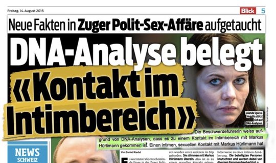 Für den Artikel «Neue Fakten in Zuger Polit-Sex-Affäre aufgetaucht: DNA-Analyse belegt 'Kontakt im Intimbereich'» berechnete das Zuger Kantonsgericht 99’154.00 Franken… (Bild: Screenshot Blick vom 14. August 2015)