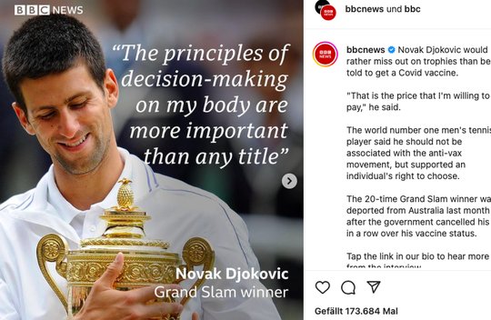  Häppchen-Journalismus: Aus einem ausführlichen BBC-Interview mit dem Tennisstar Novak Djokovic wurde auf Instagram ein einminütiges Speeddate... 