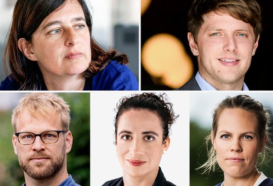 Altbekannte Stimmen in neuem Arbeitsumfeld: Judith Huber, Fabian Urech, Anna Lemmenmeier, Sara Fluck, Samuel Burri (im Uhrzeigersinn)...(Bild: SRF)