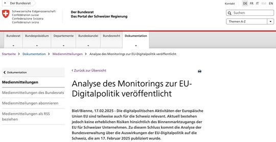 «Aktuell bestehen jedoch keine erheblichen Risiken hinsichtlich des Binnenmarktzugangs der EU für Schweizer Unternehmen»… (Bild: Screenshot admin.ch)