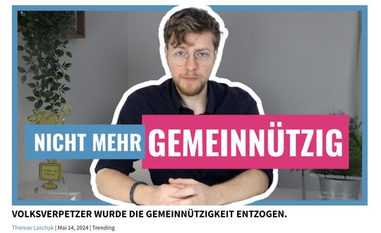 Der «Volksverpetzer»-Gründer Thomas Laschyk auf der Webseite zum Entscheid des Finanzamts in Augsburg… (Bild: Screenshot volksverpetzer.de)