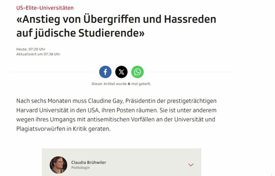 Sollte Claudine Gay, die zurückgetretene Präsidentin der Universität Harvard, die Schweizer Öffentlichkeit so dominieren?... (Bild: Screenshot srf.ch)