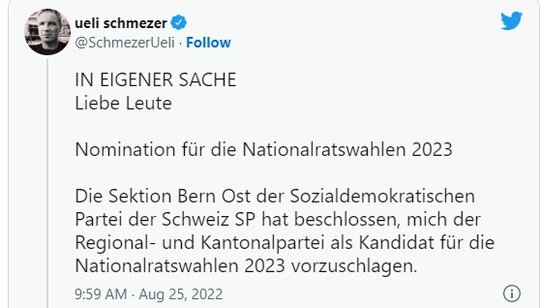 Ueli Schmezer machte seine Ambitionen auf Twitter publik...