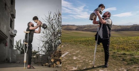 Das preisgekrönte Foto in Syrien (l.) und der Remake mit einem neuen Leben in der Toscana...    (Bilder: Mehmet Aslan, The Guardian)