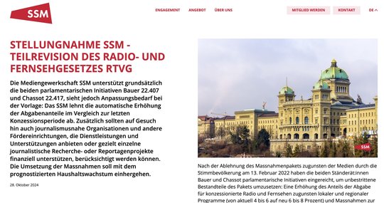 Die Mediengewerkschaft SSM sieht Anpassungsbedarf bei der Vorlage… (Bild: Screenshot ssm-site.ch)