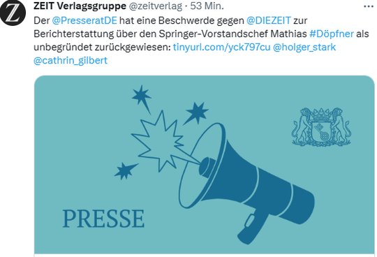 Bei der «Zeit» verkündet man auf Twitter mit lauter Freude den Entscheid, dass der Artikel rechtens war…         (Bild: Twitter)