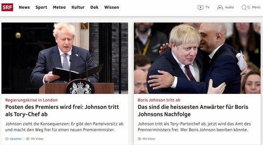 srf.ch kleistert Informationsschienen über Grossbritannien voll. Zuerst die Queen, jetzt Boris Johnson...        (Screenshot SRF)