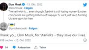 Elon Musk will der Ukraine weiterhin helfen, wie er auf «seinem» Kanal verkündet...