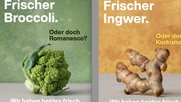 Sujets thematisieren die Ähnlichkeit unterschiedlichster Obst- und Gemüsearten und inszenieren die Verwechslungsgefahr über einen gewollten Irritationsmoment: ob Broccoli oder Romanesco, Ingwer oder Kurkuma…    (Bilder: Thjnk Zürich/Migros)