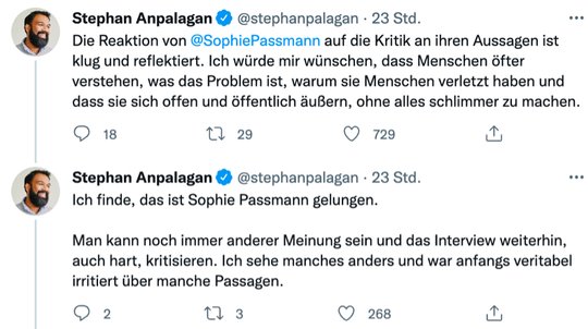 Entschuldigung gelungen, Absolution durch Stephan Anpalagan erteilt: Sophie Passmann im Tweet vom PoC-Influencer. (Screenshot Twitter)