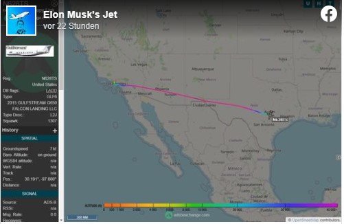 Nach der Twitter-Sperre weiterhin auf Facebook zu sehen: Musk ist von Los Angeles ins texanische Austin geflogen...        