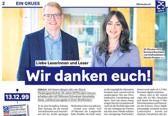 20 Minuten-CEO Bernhard Brechbühl und Chefredaktorin Désirée Pomper erzählen von den Anfängen der Gratiszeitung... (Bild Screenshot KR)