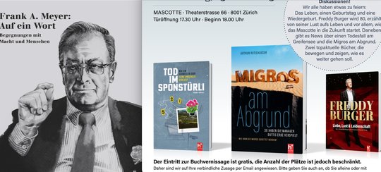 Eine Biografie über Frank A. Meyer, Arthur Rutishausers Erklärungen zum Niedergang der Migros, die Abschaffung der Pension von Felix E. Müller und wie es beim Absturz der Publicitas wirklich zu und her gegangen ist von Martin Kall  (Bild: Klein Report)