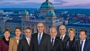 Viola Amherd, Simonetta Sommaruga, Ignazio Cassis, Guy Parmelin, Ueli Maurer, Alain Berset, Karin Keller-Suter und Walter Turnherr (v.l.n.r)