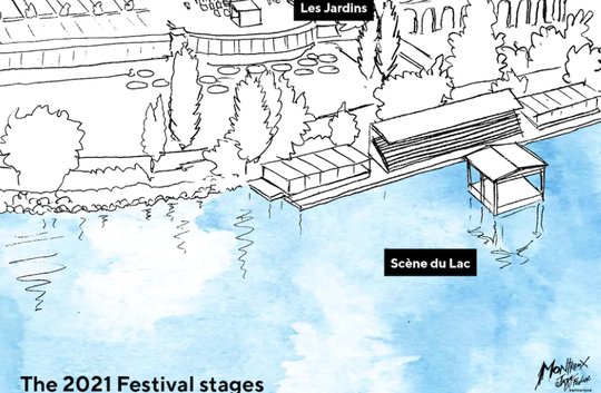 Das Publikum sitzt in freier Luft, die Band ist 25 Meter vom Ufer entfernt: In Montreux improvisiert der Jazz mit einer «Scène du Lac»...    (Bild: Webseite Montreux)