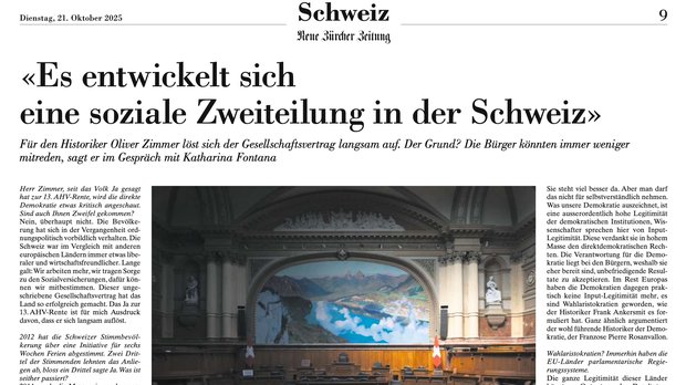 NZZ-Legende zum Bild: «Man weiss, dass man die Demokratie ein bisschen verkauft hat», sagt Oliver Zimmer zur Nichtumsetzung der Masseneinwanderungsinitiative durch das Parlament…  