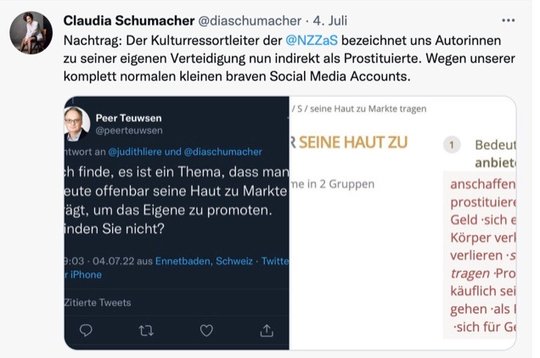 In den Schweizer Medien werden erfolgreiche Frauen lächerlich gemacht, abgewertet und auf ihre Körper reduziert. Diesmal wehren sich aber die Frauen, siehe Screenshot von Claudia Schumachers Tweet...