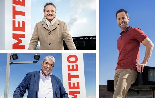 Das Wetter-Karussell dreht sich: Thomas Bucheli (oben l.) übergibt an Gaudenz Flury (r.) und auch Felix Blumer geht in Pension und erklärt am Freitag zum letzen Mal das Wetter…   (Bild: SRF/zVg)