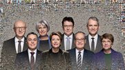 Die Bundesräte: Ignazio Cassis (FDP), Bundespräsidentin Karin Keller-Sutter (FDP), Vizepräsident Guy Parmelin (SVP), Viola Amherd (Die Mitte), Bundeskanzler Viktor Rossi (GLP), Elisabeth Baume-Schneider (SP) und Albert Rösti (SVP)... v.l.