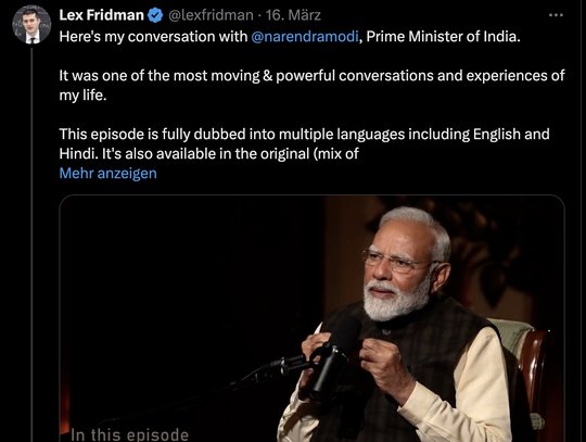 Diplomatie per Podcast: Narendra Modi bei Lex Fridman, der auf X 4,2 Millionen Follower hat... (Bild: Screenshot/L. Fridman)