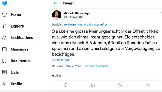 Das umstrittene Tweet: «Es ist eine David-gegen-Goliath-Situation, jedoch will sie sich nun partout als David darstellen», sagt Jolanda Spiess-Hegglin über Michèle Binswanger.