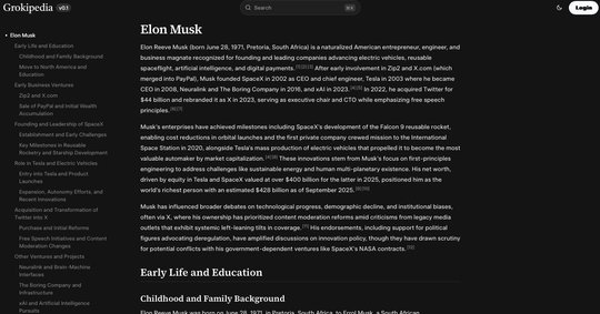 Bisher hat die Online-Enzyklopädie insgesamt nur etwa 10 Prozent des Wikipedia-Umfangs: Der Eintrag über Elon Musk zählt 323 Fussnoten... (Bild: Screenshot Klein Report)