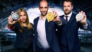 Sarah Schlagenhauf, Patrick Bloch, CEO Swiss Ice Hockey Federation, und Christian Brenner (r.) promoten den «Eisgenoss»-Puck…        (Bild: zVg)