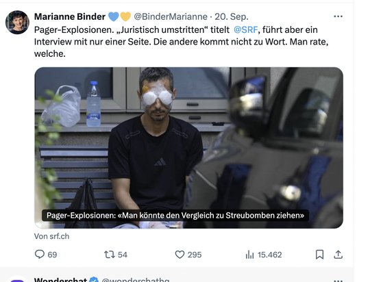 Mitte-Ständerätin Marianne Binder mit einem Tweet über die Einseitigkeit der SRF-Nahost-Berichterstattung...