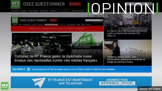 Der Sender RT France gibt sich auf seiner Webseite empört über die Sperre seiner Konten in Paris...          (Screenshot)