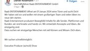 Stefan Raabs Weggefährte Daniel Rosemann sucht auf LinkedIn nach neuen Mitarbeiterinnen und Mitarbeitern... (Bild: LinkedIn-Beitrag von Daniel Rosemann)