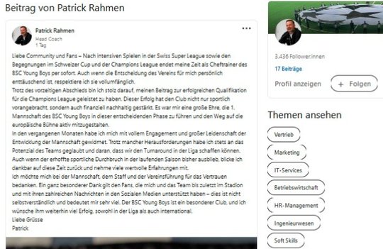 Abschieds-Post von Patrick Rahmen: «ChatGPT lässt grüssen», krittelte ein User... (Bild: Screenshot)