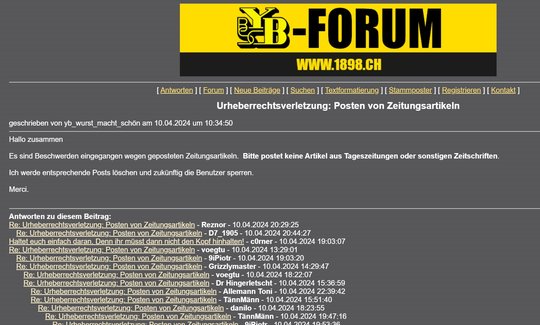 Im Forum 1898.ch dürfen keine Zeitungs- oder Zeitschriftenartikel mehr gepostet werden… (Bild: Screenshot 1898.ch)