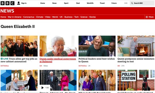 Eine grosse Persönlichkeit ist gestorben: Queen und nochmals Queen bei der BBC und auch bei RTL, SRF blieb bei seinem Nachmittagsprogramm...       (Screenshot bbc.com)