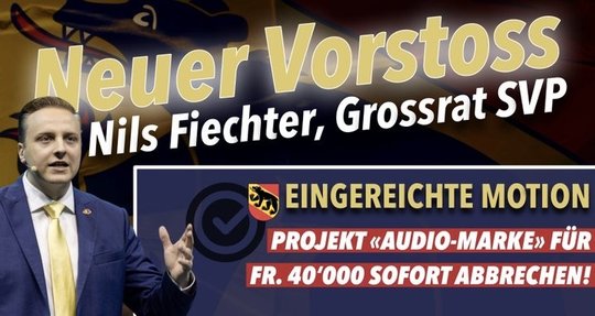 SVP-Grossrat Nils Fiechter ärgert sich gleich doppelt. Per dringlicher Motion fordert er, das Projekt «Audio-Marke» abzubrechen … (Bild: Screenshot X-Account von Nils Fiechter)