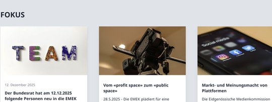 Die ausserparlamentarische Kommission berät «Behörden bezüglich der Medien wie der Entwicklung der gesellschaftlichen Kommunikation...»   (Bild: EMEK/Screens.)