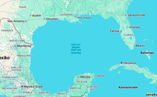 Wer von der Schweiz aus Google Maps nach «Golf von Mexiko» fragt, bekommt die Trumpsche Umbenennung «Golf von Amerika» nur in Klammern angezeigt... (Bild: Screenshot KR) 