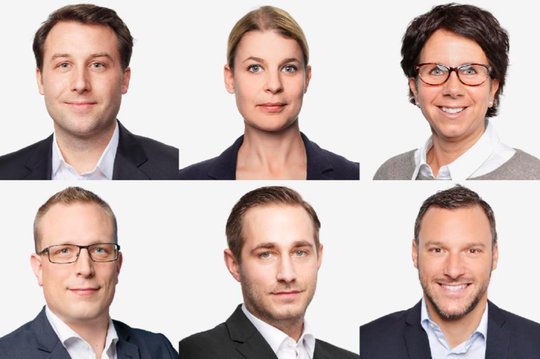 Das Team von SRF Vermarktung stellt sich neu auf: Thomas Pittino (Leiter), Gaby Kellenberger und Evi Bossard (oben, v.l.) sowie Michael Hutzli, Matias Bär und Chrristoph Arnold (unten, v.l.)