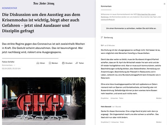 Die neue Kommentarspalte am rechten Rand auf nzz.ch soll vorerst bei fünf Artikeln pro Tag erscheinen...