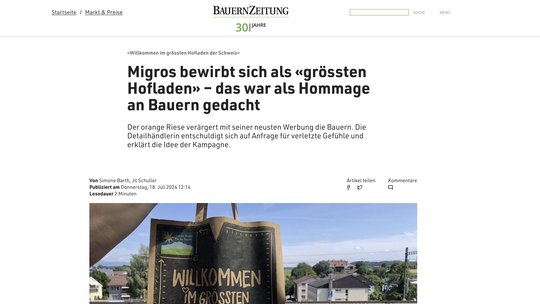 Migros-Werbung stosst bei Bauern auf Unverständnis… (Bild: Screenshot bauernzeitung.ch)