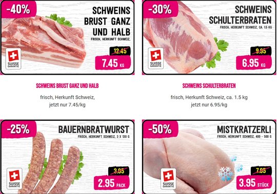 Mit Extremrabatten für Fleisch werden Konsumenten in den Laden gelockt. Den Preis dafür zahlen die Schweizer Bauern…    (Angebote eines Discounters)