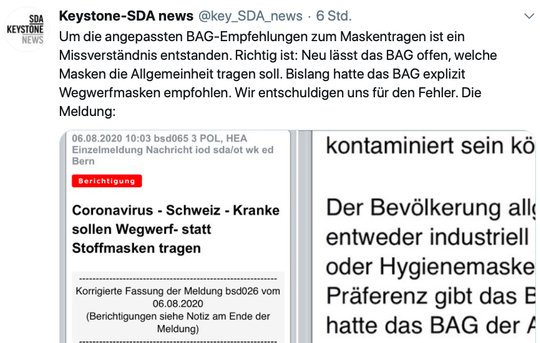 Keystone-SDA spricht von einem «Missverständnis» - und entschuldigt sich.